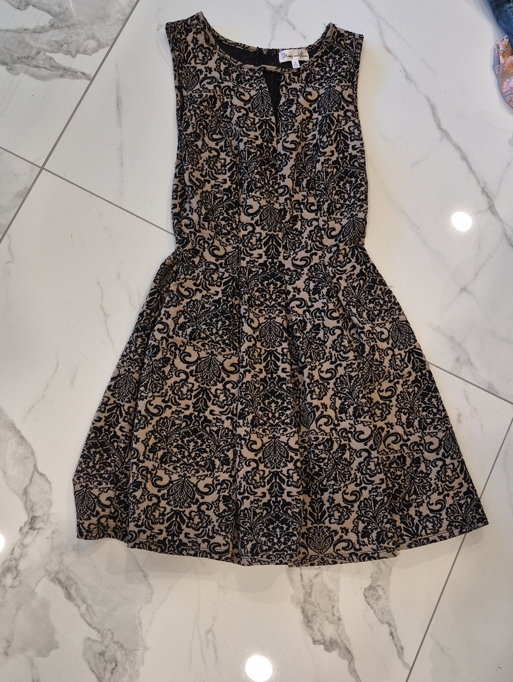 Honey and Rosie Black Patterned Tan Fit-and-Flare Dress Nwot